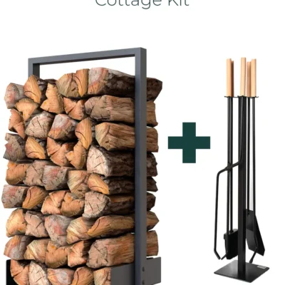 Das Chalet-Set – Nordischer Holzständer + 4 Kaminbesteck mit Holzgriff