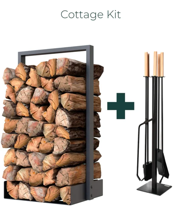 Das Chalet-Set – Nordischer Holzständer + 4 Kaminbesteck mit Holzgriff